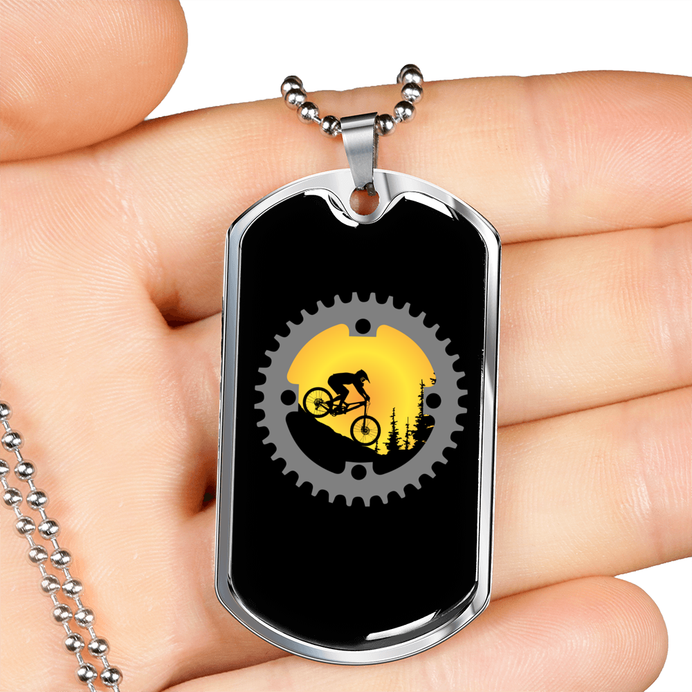 Mountain Bike Chain Ring Cycling Necklace Stainless Steel or 18k Gold Dog Tag 24"-Express Your Love Gifts
