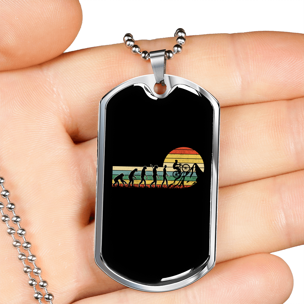 Mountain Bike Evolution Cycling Necklace Stainless Steel or 18k Gold Dog Tag 24"-Express Your Love Gifts