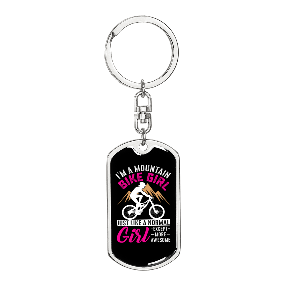Mountain Bike Girl Cycling Keychain Stainless Steel or 18k Gold Dog Tag Keyring-Express Your Love Gifts