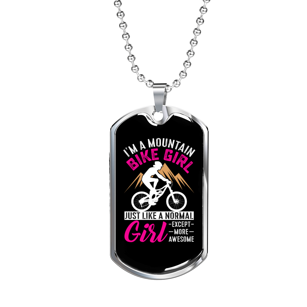 Mountain Bike Girl Necklace Stainless Steel or 18k Gold Dog Tag 24"-Express Your Love Gifts