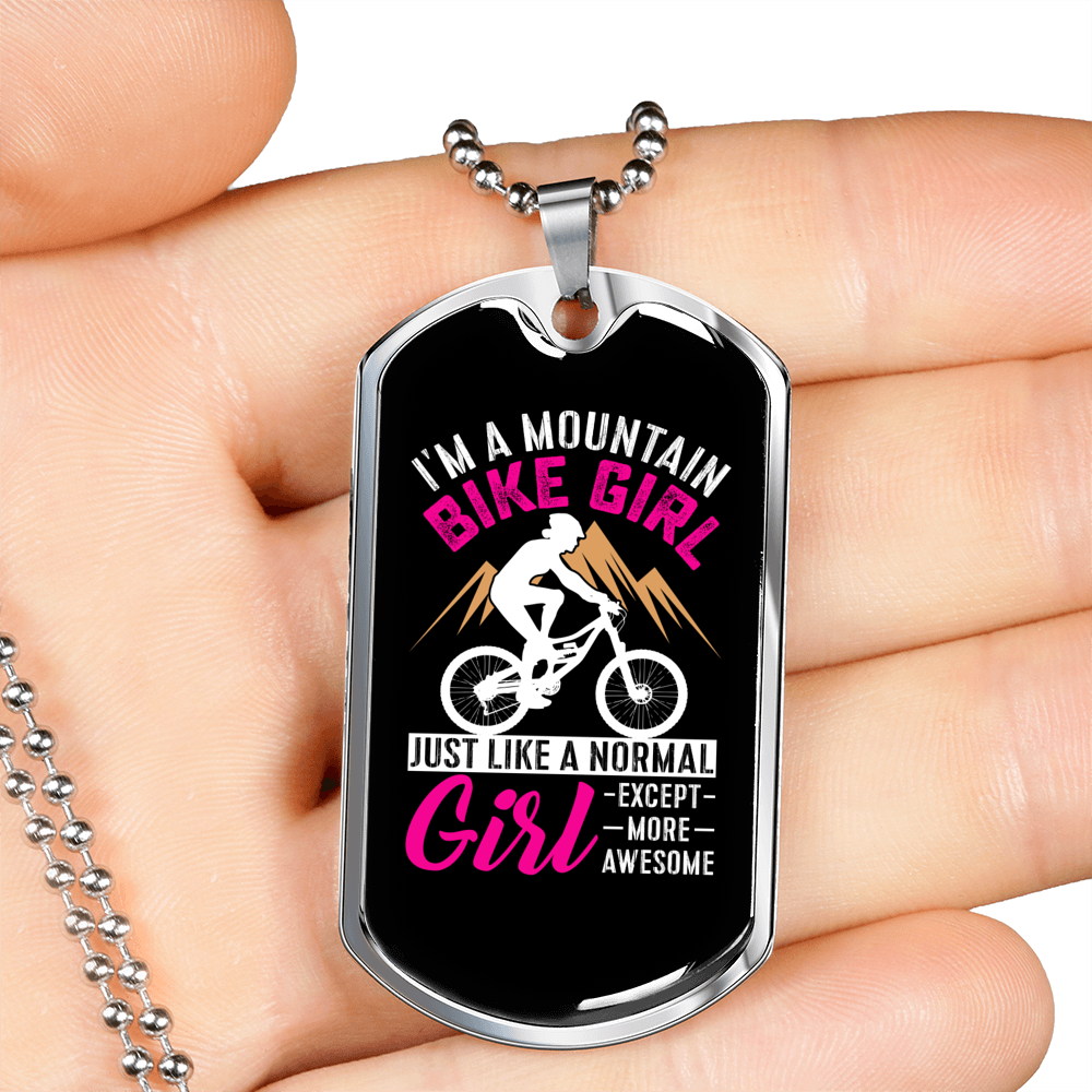 Mountain Bike Girl Necklace Stainless Steel or 18k Gold Dog Tag 24"-Express Your Love Gifts