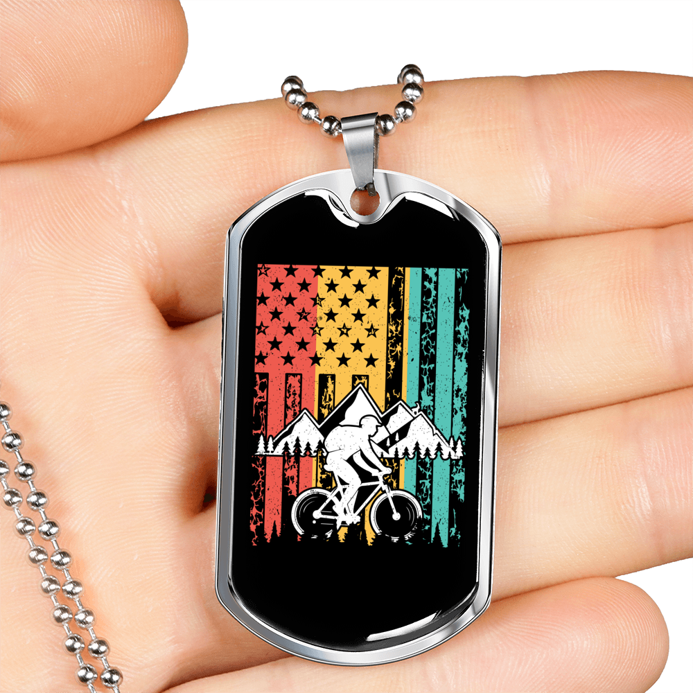 Mountain Bike Is Life Cycling Necklace Stainless Steel or 18k Gold Dog Tag 24"-Express Your Love Gifts