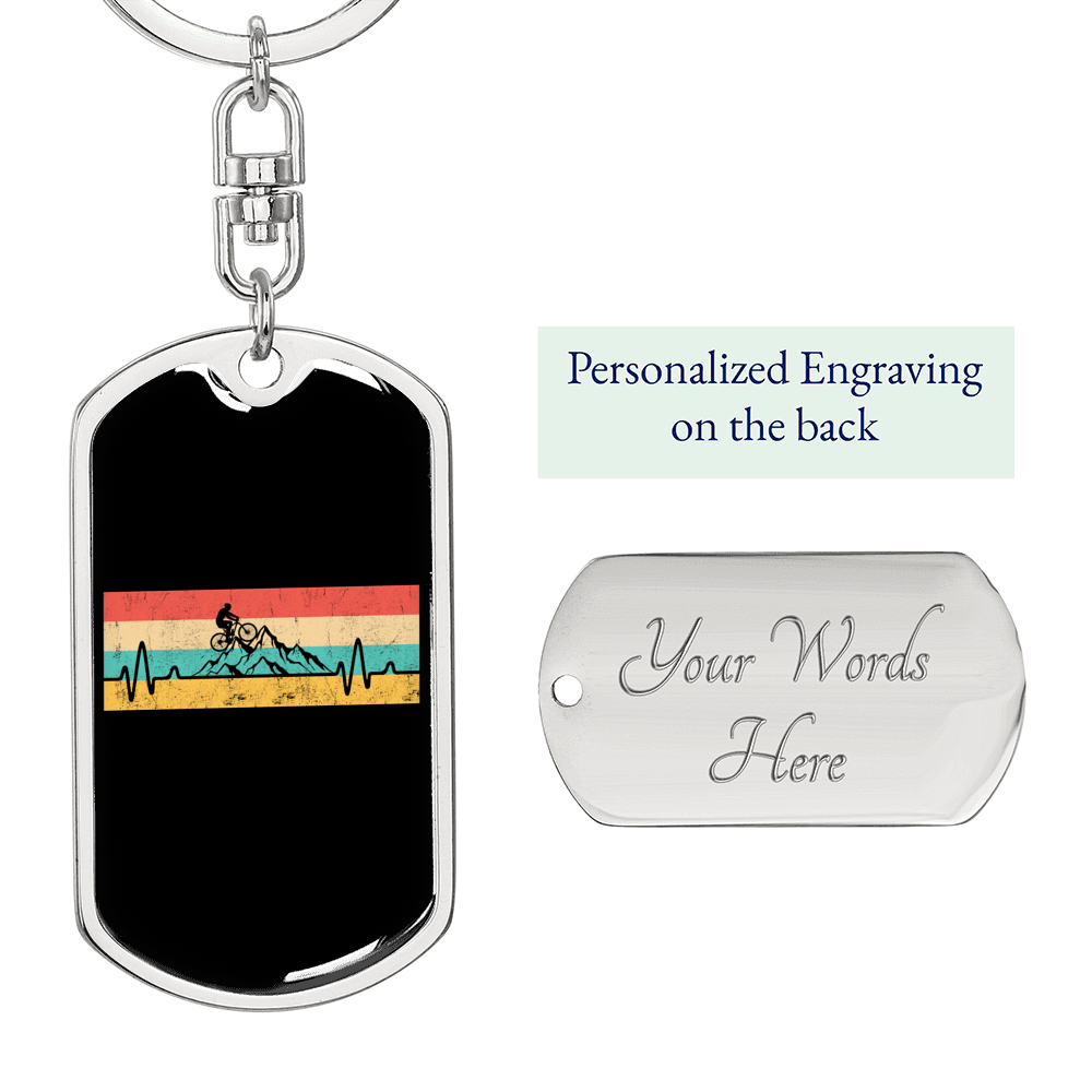 Mountain Bike Pulse Cycling Keychain Stainless Steel or 18k Gold Dog Tag Keyring-Express Your Love Gifts