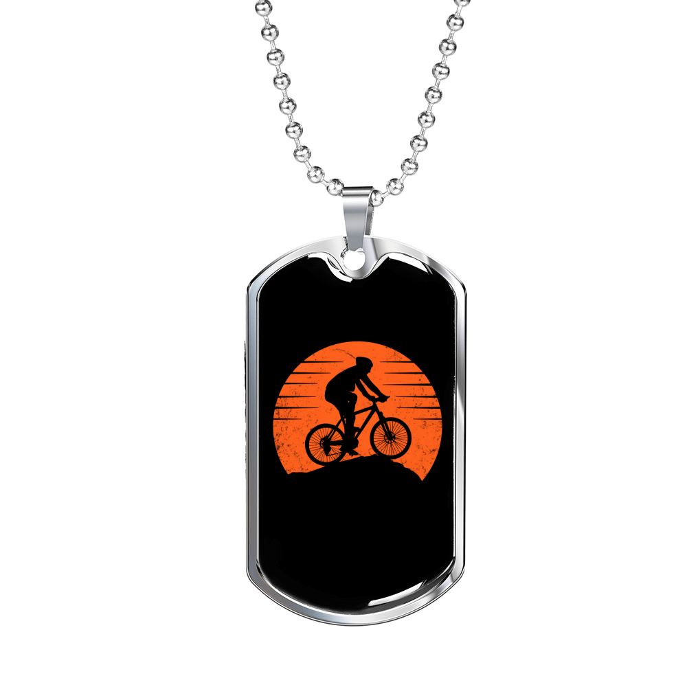 Mountain Bike Red Moon Cycling Necklace Stainless Steel or 18k Gold Dog Tag 24"-Express Your Love Gifts