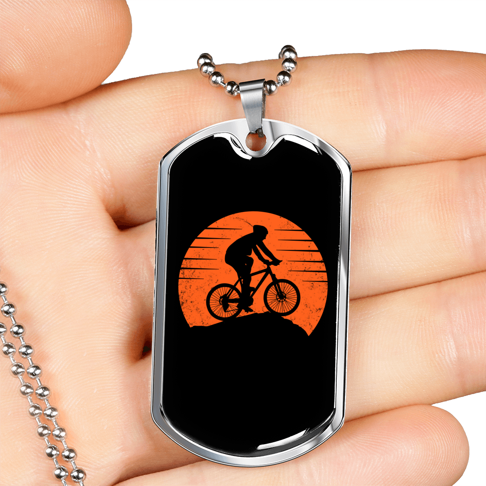 Mountain Bike Red Moon Cycling Necklace Stainless Steel or 18k Gold Dog Tag 24"-Express Your Love Gifts