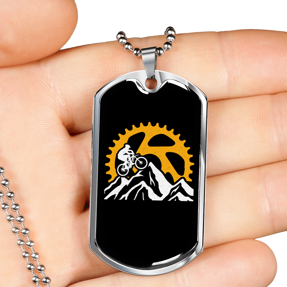 Mountain Bike Riding Cycling Necklace Stainless Steel or 18k Gold Dog Tag 24"-Express Your Love Gifts