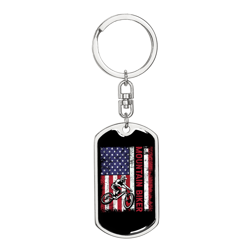 Mountain Biker Flag Cycling Keychain Stainless Steel or 18k Gold Dog Tag Keyring-Express Your Love Gifts