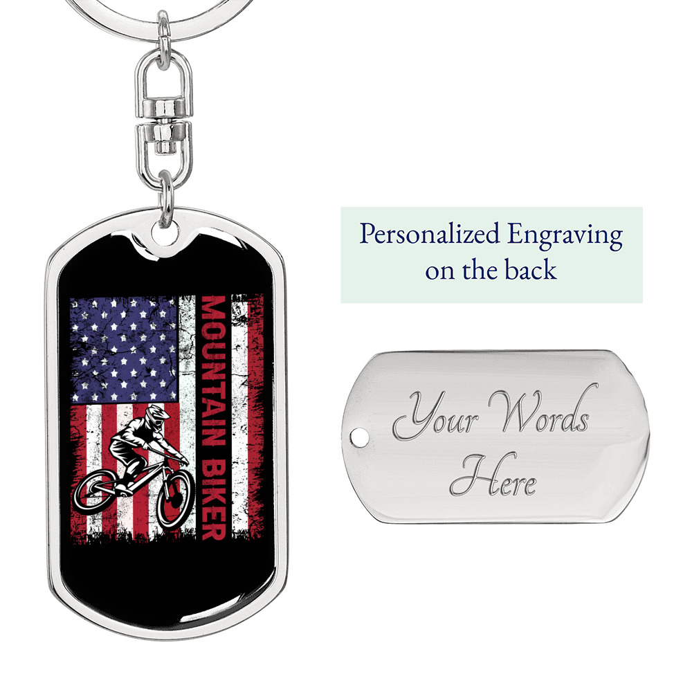 Mountain Biker Flag Cycling Keychain Stainless Steel or 18k Gold Dog Tag Keyring-Express Your Love Gifts