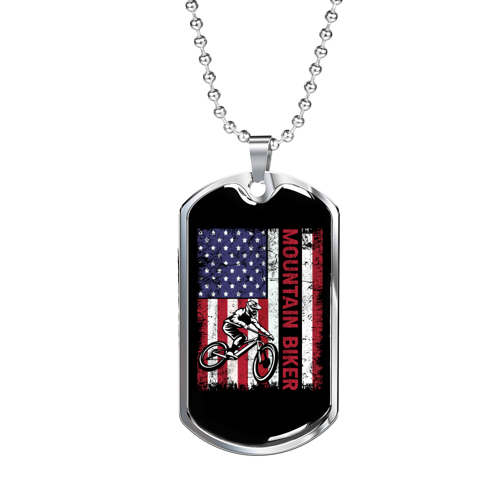Mountain Biker Flag Cycling Necklace Stainless Steel or 18k Gold Dog Tag 24"-Express Your Love Gifts