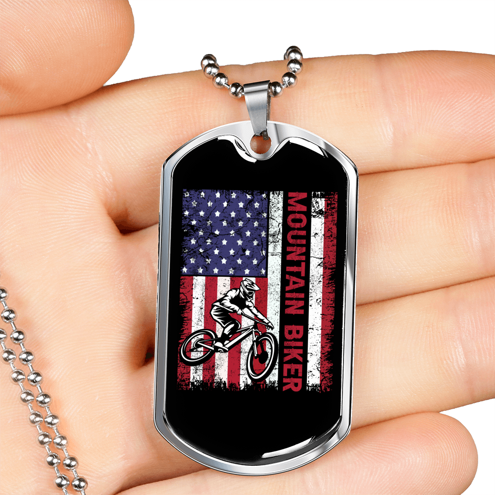 Mountain Biker Flag Cycling Necklace Stainless Steel or 18k Gold Dog Tag 24"-Express Your Love Gifts