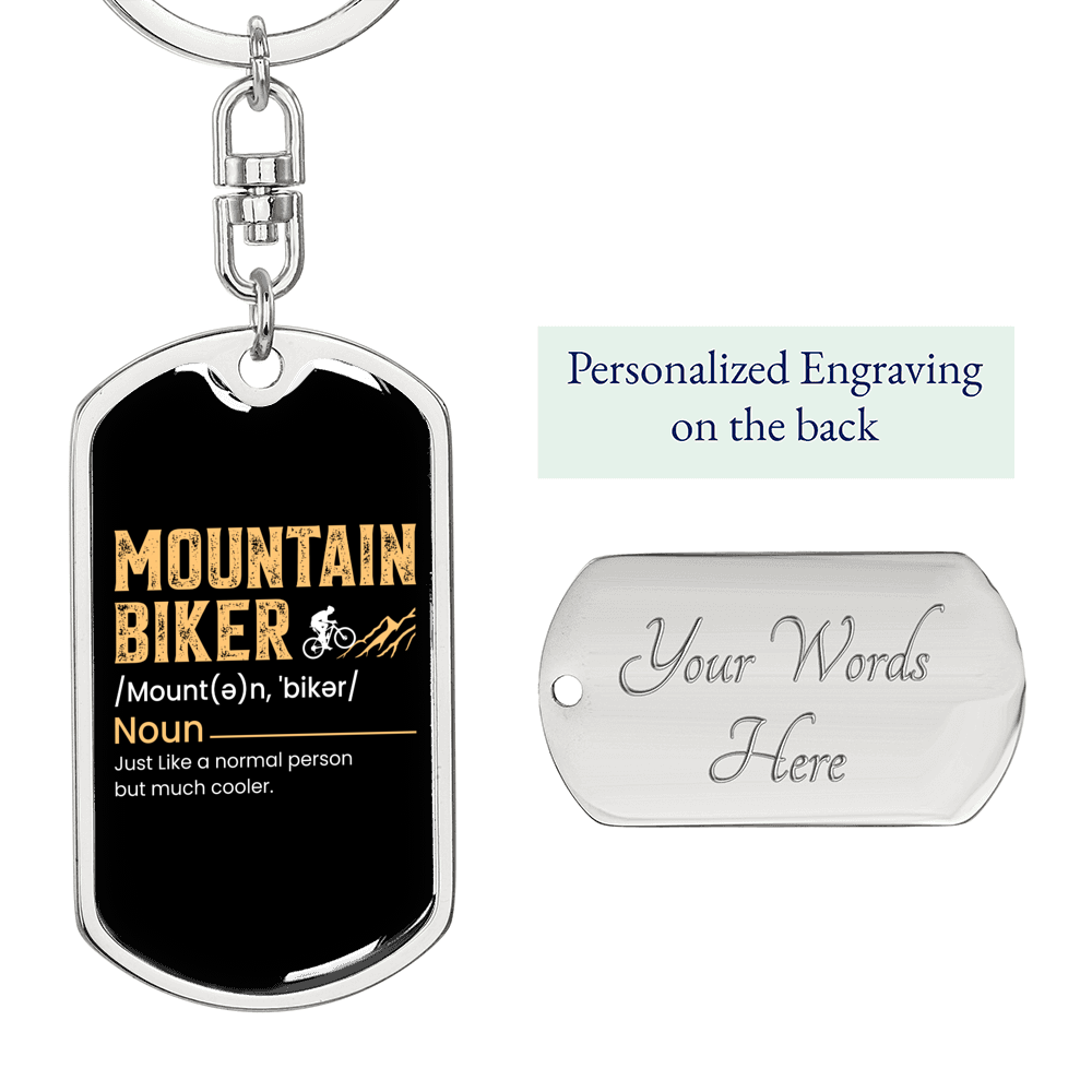 Mountain Biker Meaning Cycling Keychain Stainless Steel or 18k Gold Dog Tag Keyring-Express Your Love Gifts