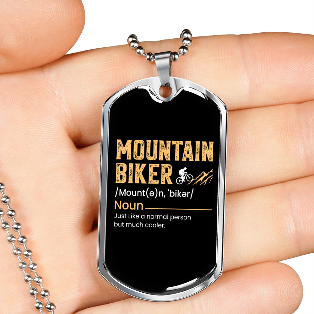 Mountain Biker Meaning Cycling Necklace Stainless Steel or 18k Gold Dog Tag 24"-Express Your Love Gifts