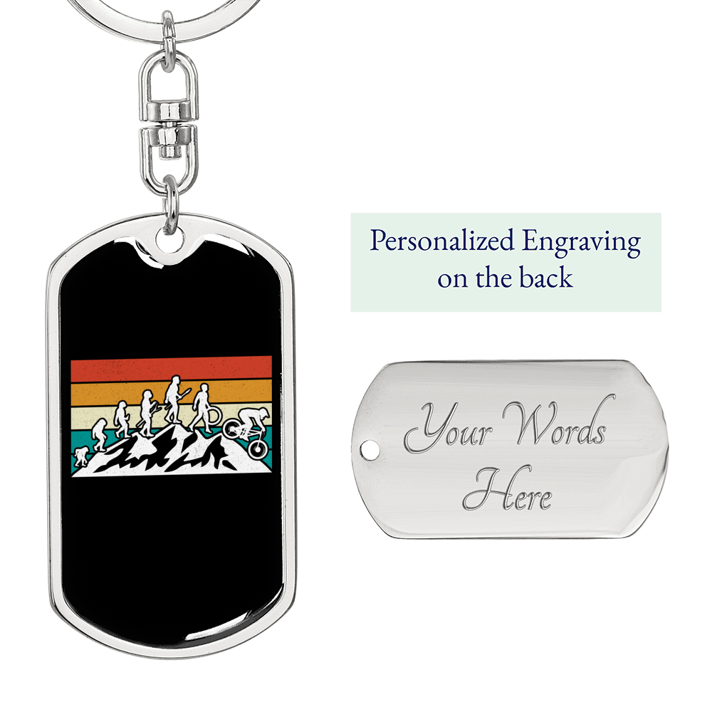 Mountain Biking Evolution Cycling Keychain Stainless Steel or 18k Gold Dog Tag Keyring-Express Your Love Gifts