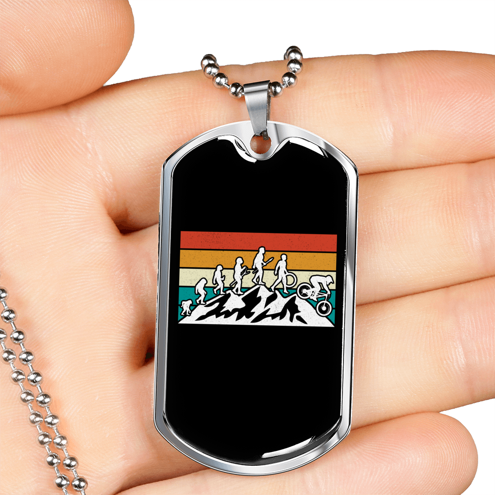 Mountain Biking Evolution Cycling Necklace Stainless Steel or 18k Gold Dog Tag 24"-Express Your Love Gifts