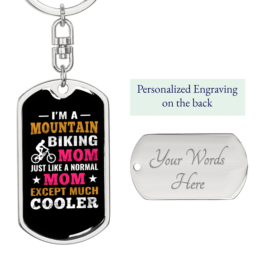 Mountain Biking Mom Cycling Keychain Stainless Steel or 18k Gold Dog Tag Keyring-Express Your Love Gifts