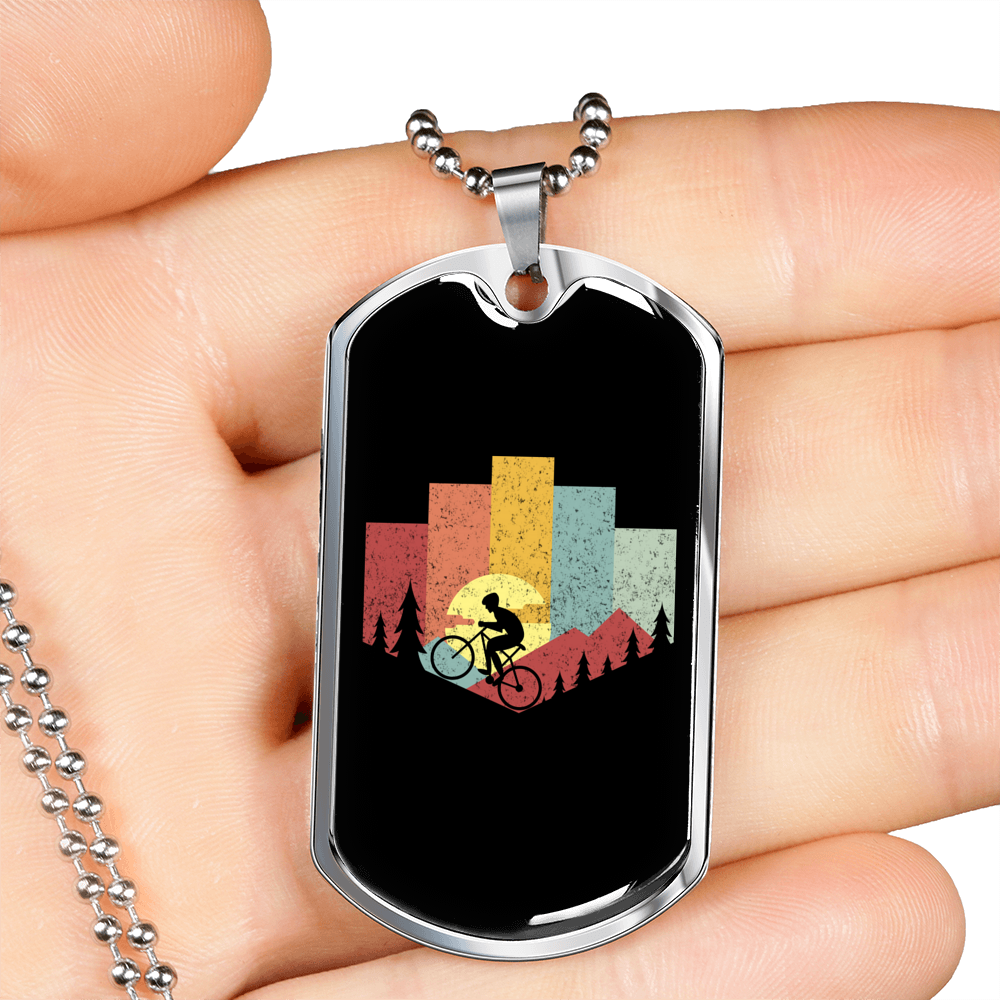 Mountain Cycling Necklace Stainless Steel or 18k Gold Dog Tag 24"-Express Your Love Gifts