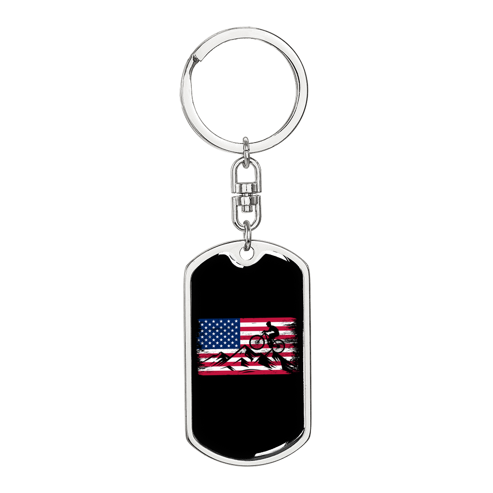 Mountain Ride Flag Cycling Keychain Stainless Steel or 18k Gold Dog Tag Keyring-Express Your Love Gifts