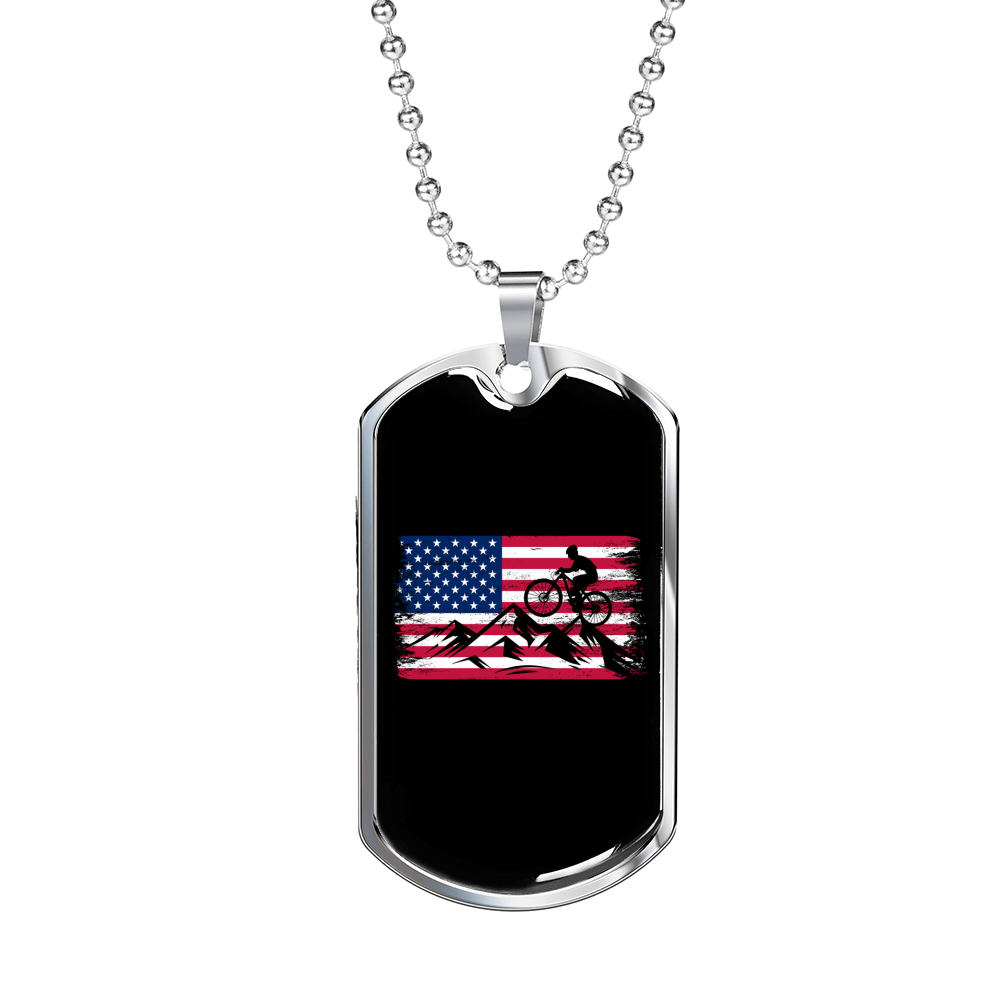 Mountain Ride Flag Cycling Necklace Stainless Steel or 18k Gold Dog Tag 24"-Express Your Love Gifts
