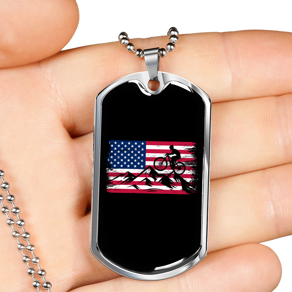 Mountain Ride Flag Cycling Necklace Stainless Steel or 18k Gold Dog Tag 24"-Express Your Love Gifts