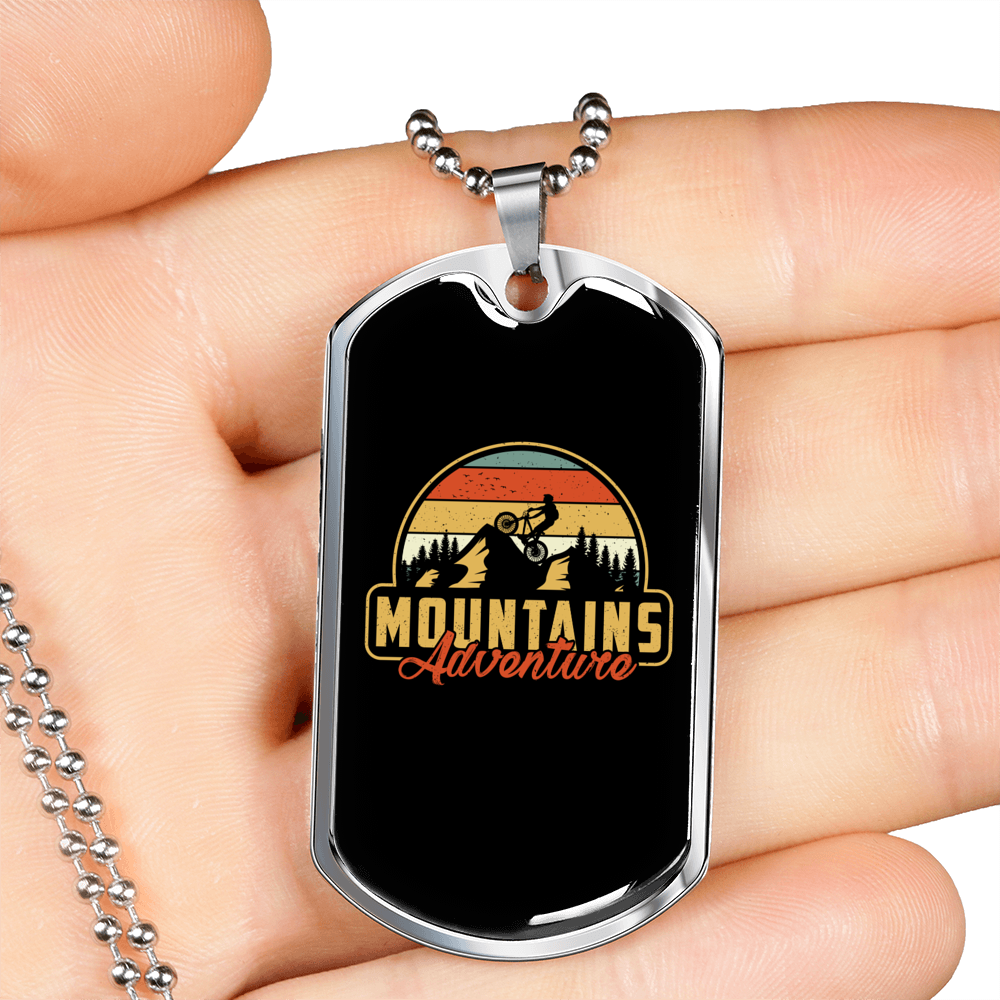 Mountains Adventure Cycling Necklace Stainless Steel or 18k Gold Dog Tag 24"-Express Your Love Gifts