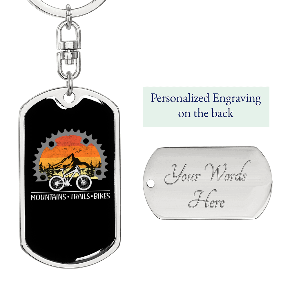 Mountains Trails Bikes Cycling Keychain Stainless Steel or 18k Gold Dog Tag Keyring-Express Your Love Gifts
