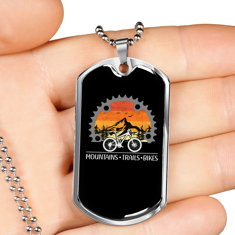 Mountains Trails Bikes Cycling Necklace Stainless Steel or 18k Gold Dog Tag 24"-Express Your Love Gifts