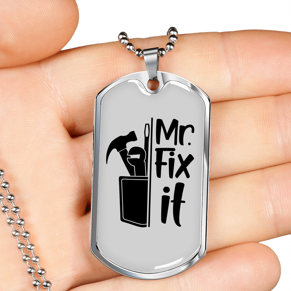 Mr Fix It Woodworker Dog Tag Stainless Steel or 18k Gold W 24"-Express Your Love Gifts