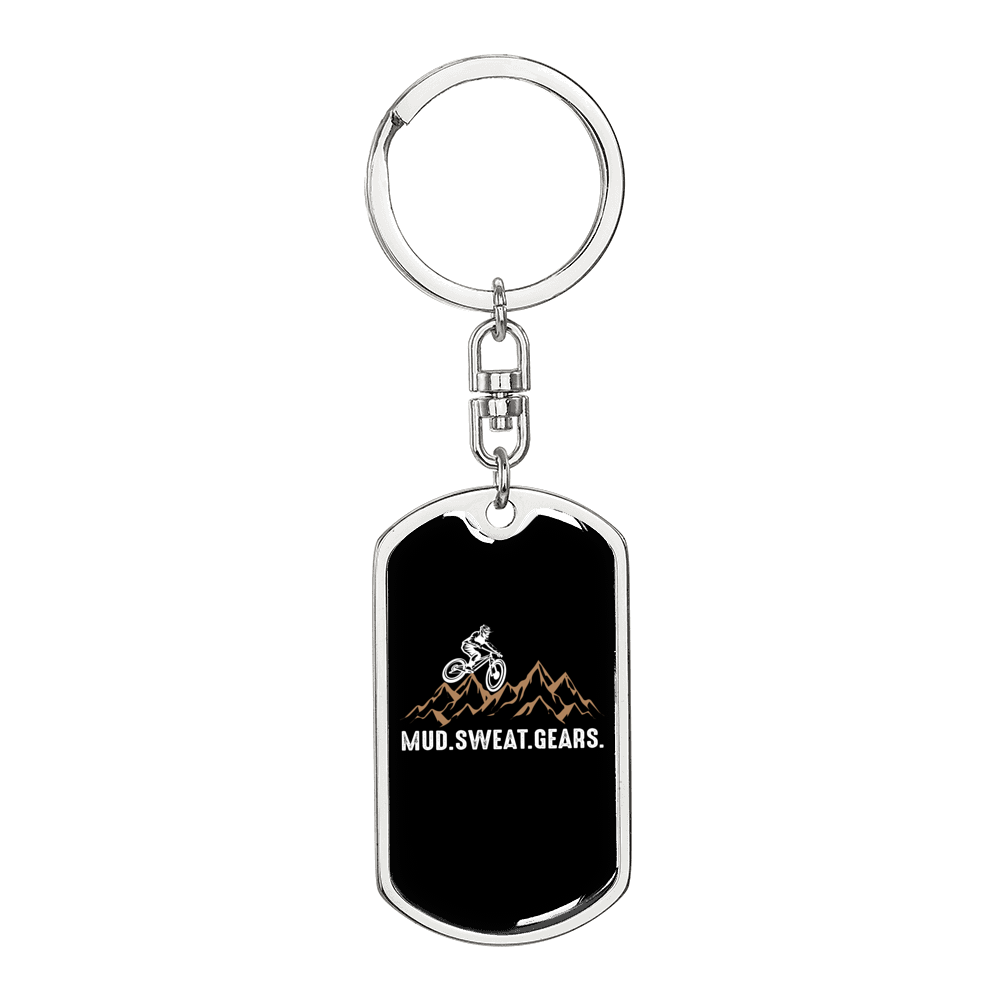 Mud Sweat Gears Cycling Keychain Stainless Steel or 18k Gold Dog Tag Keyring-Express Your Love Gifts
