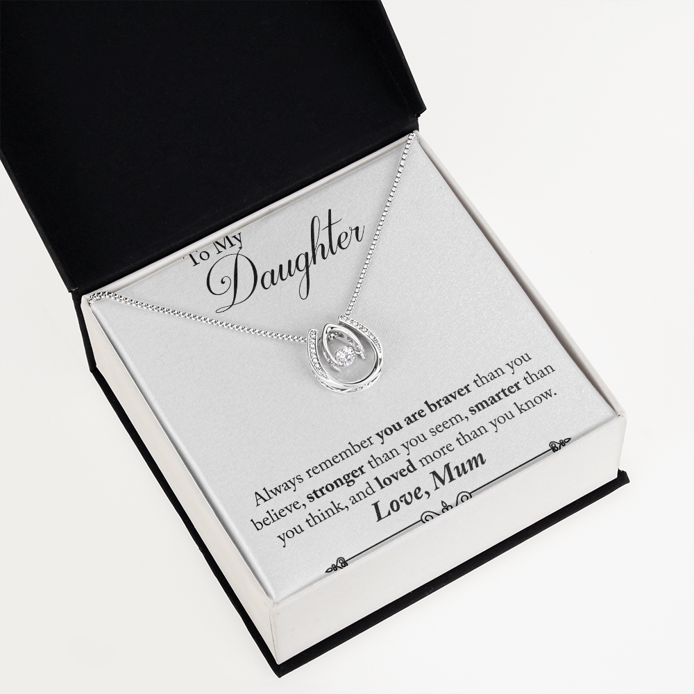 Mum to Daughter Braver Lucky Horseshoe Necklace Message Card 14k w CZ Crystals-Express Your Love Gifts