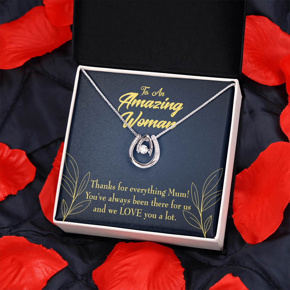 Mum We Love You Lucky Horseshoe Necklace Message Card 14k w CZ Crystals-Express Your Love Gifts