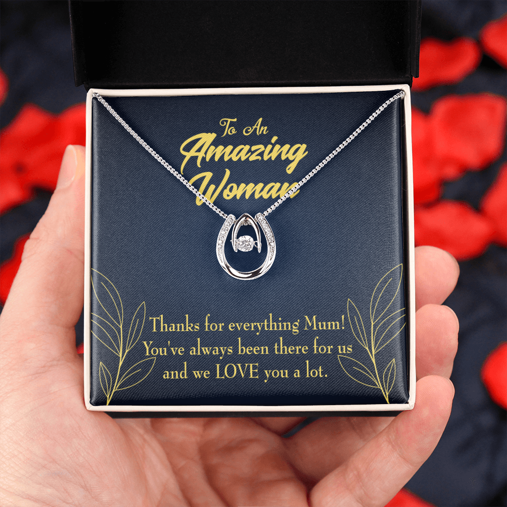 Mum We Love You Lucky Horseshoe Necklace Message Card 14k w CZ Crystals-Express Your Love Gifts