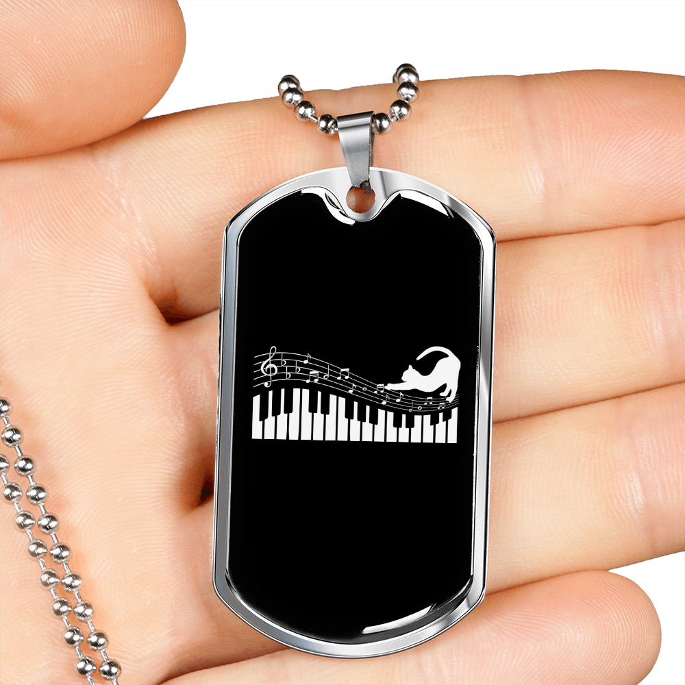 Musician Necklace Cat Piano Notes Necklace Stainless Steel or 18k Gold Dog Tag 24" Chain-Express Your Love Gifts