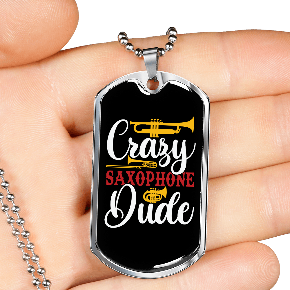 Musician Necklace Crazy Saxophone Dude Necklace Stainless Steel or 18k Gold Dog Tag 24" Chain-Express Your Love Gifts