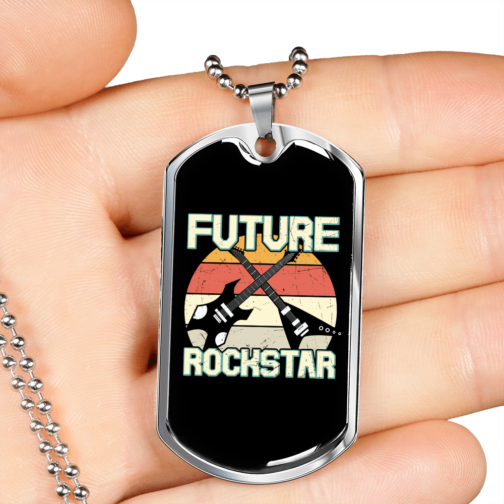 Musician Necklace Future Guitar Rockstar Necklace Stainless Steel or 18k Gold Dog Tag 24" Chain-Express Your Love Gifts
