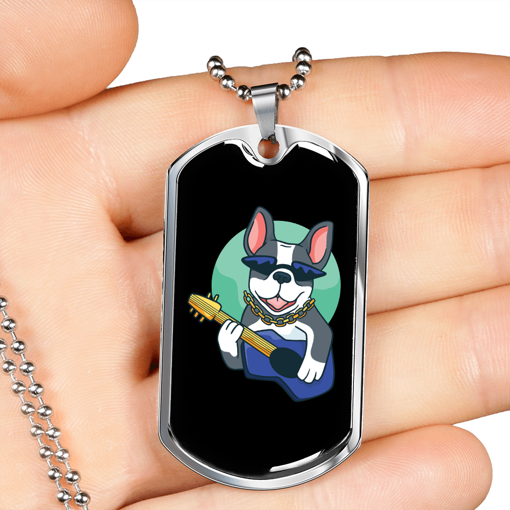 Musician Necklace Guitar Bulldog Necklace Stainless Steel or 18k Gold Dog Tag 24" Chain-Express Your Love Gifts