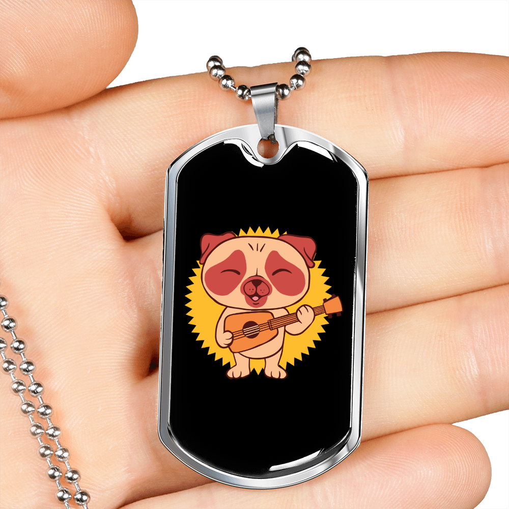 Musician Necklace Guitarist Pug Necklace Stainless Steel or 18k Gold Dog Tag 24" Chain-Express Your Love Gifts