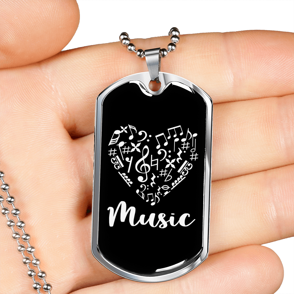 Musician Necklace Heart Music Necklace Stainless Steel or 18k Gold Dog Tag 24" Chain-Express Your Love Gifts