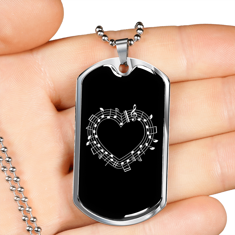 Musician Necklace Heart Notes Necklace Stainless Steel or 18k Gold Dog Tag 24" Chain-Express Your Love Gifts
