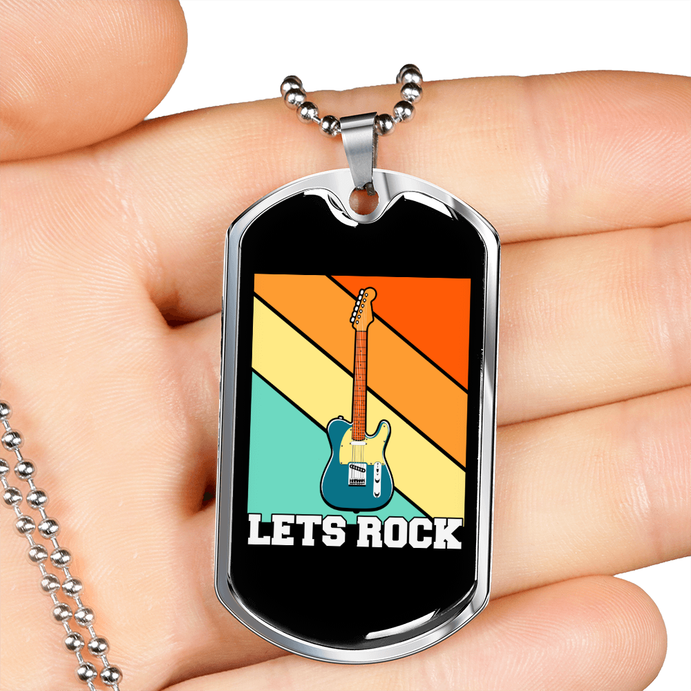 Musician Necklace Let's Rock Necklace Stainless Steel or 18k Gold Dog Tag 24" Chain-Express Your Love Gifts
