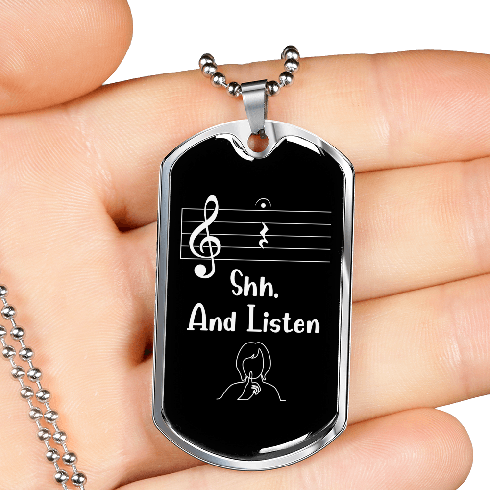 Musician Necklace Listen Necklace Stainless Steel or 18k Gold Dog Tag 24" Chain-Express Your Love Gifts