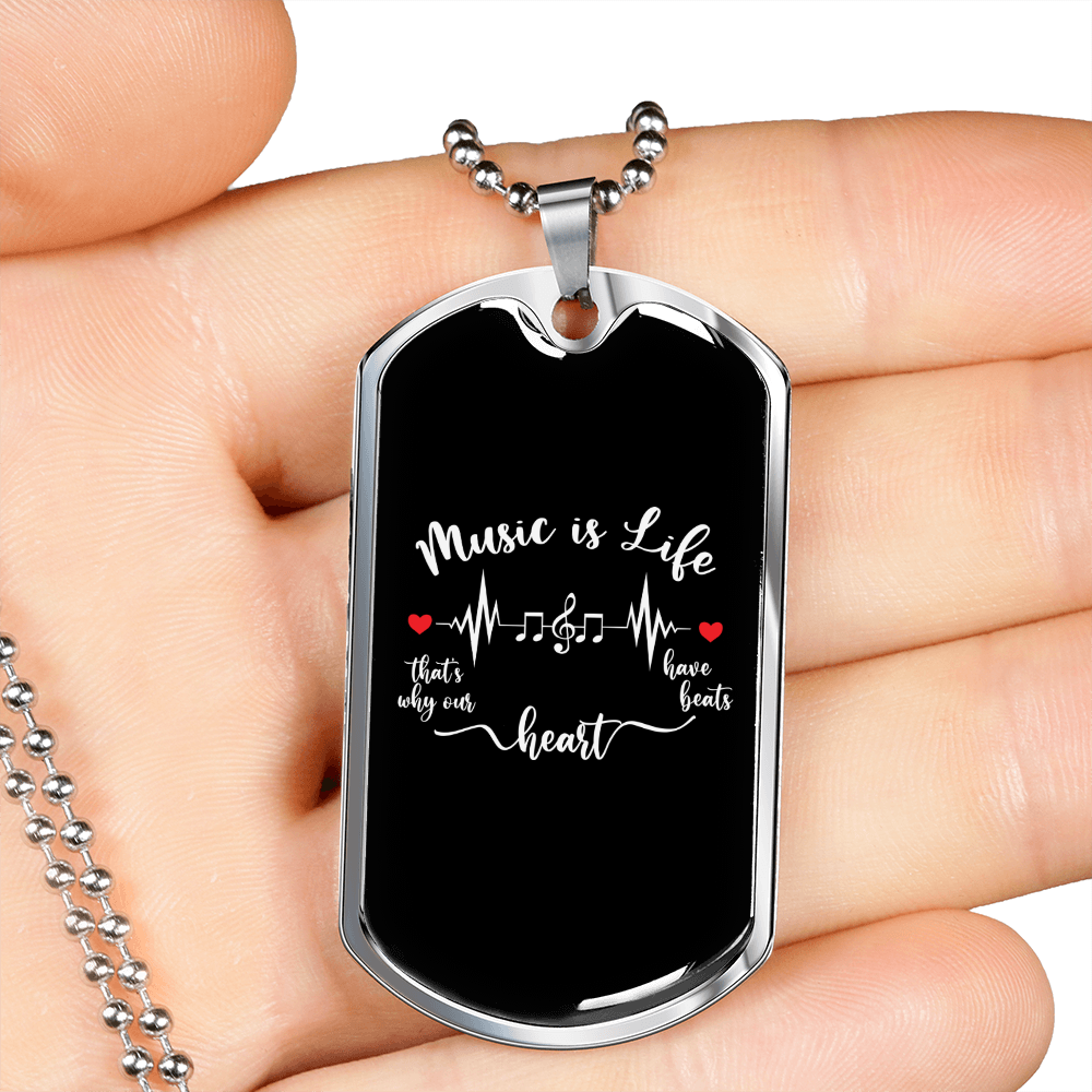 Musician Necklace Music is Life Necklace Stainless Steel or 18k Gold Dog Tag 24" Chain-Express Your Love Gifts
