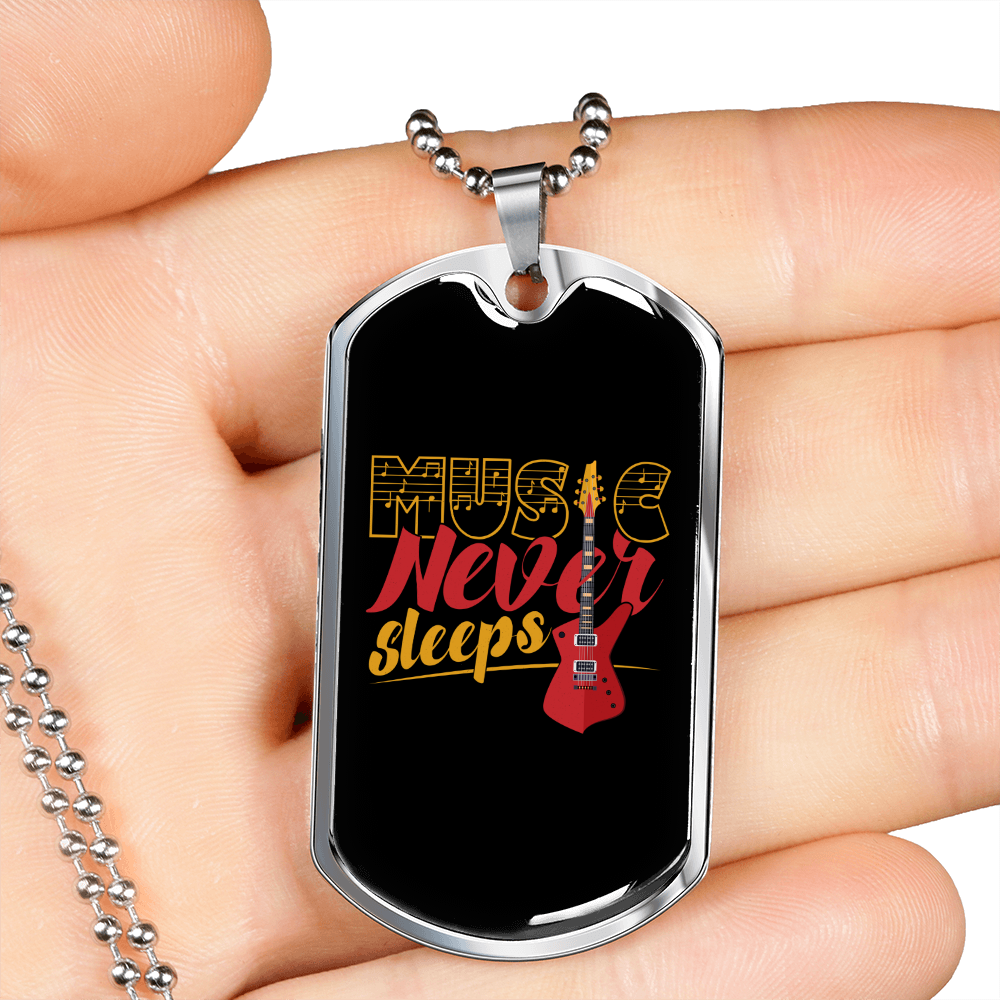 Musician Necklace Music Never Sleeps Yellow Necklace Stainless Steel or 18k Gold Dog Tag 24" Chain-Express Your Love Gifts