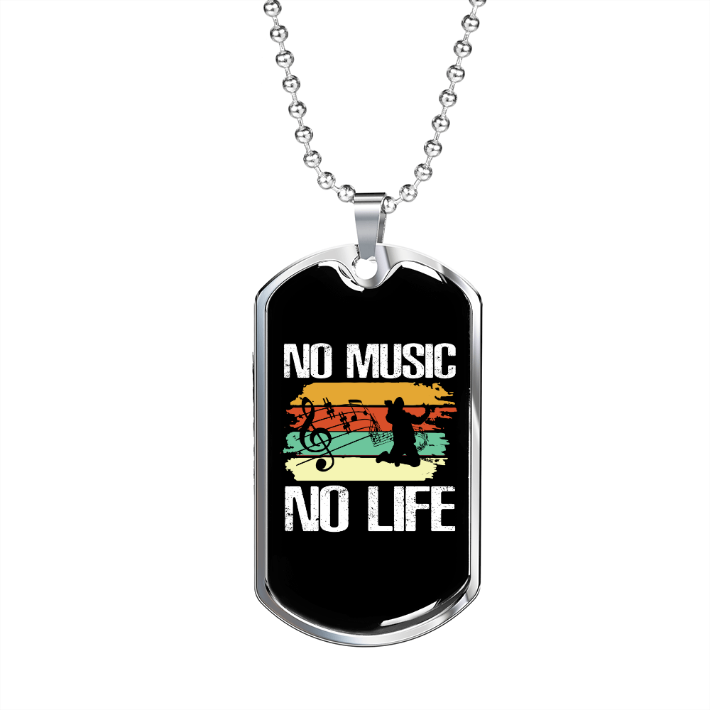 Musician Necklace No Music No Life White Necklace Stainless Steel or 18k Gold Dog Tag 24" Chain-Express Your Love Gifts