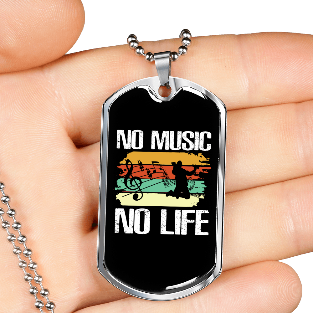 Musician Necklace No Music No Life White Necklace Stainless Steel or 18k Gold Dog Tag 24" Chain-Express Your Love Gifts