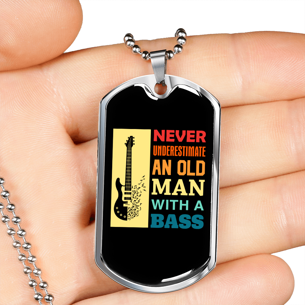 Musician Necklace Old Man Bass Necklace Stainless Steel or 18k Gold Dog Tag 24" Chain-Express Your Love Gifts