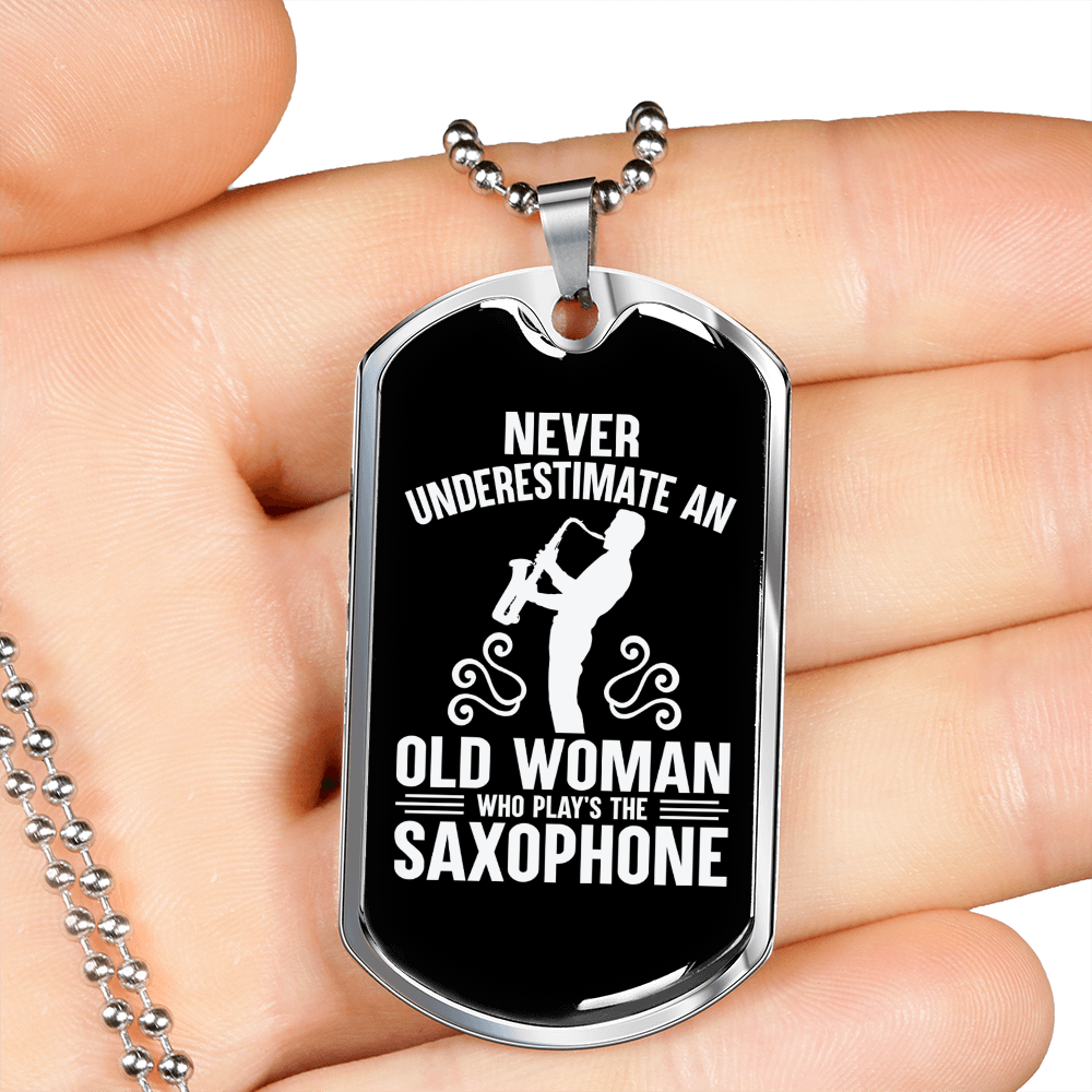 Musician Necklace Old Man Saxophone Necklace Stainless Steel or 18k Gold Dog Tag 24" Chain-Express Your Love Gifts