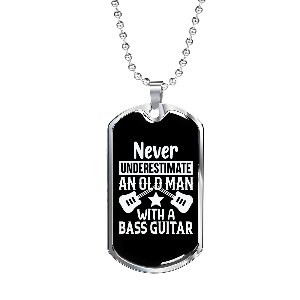Musician Necklace Old Man With Base Guitar Necklace Stainless Steel or 18k Gold Dog Tag 24" Chain-Express Your Love Gifts