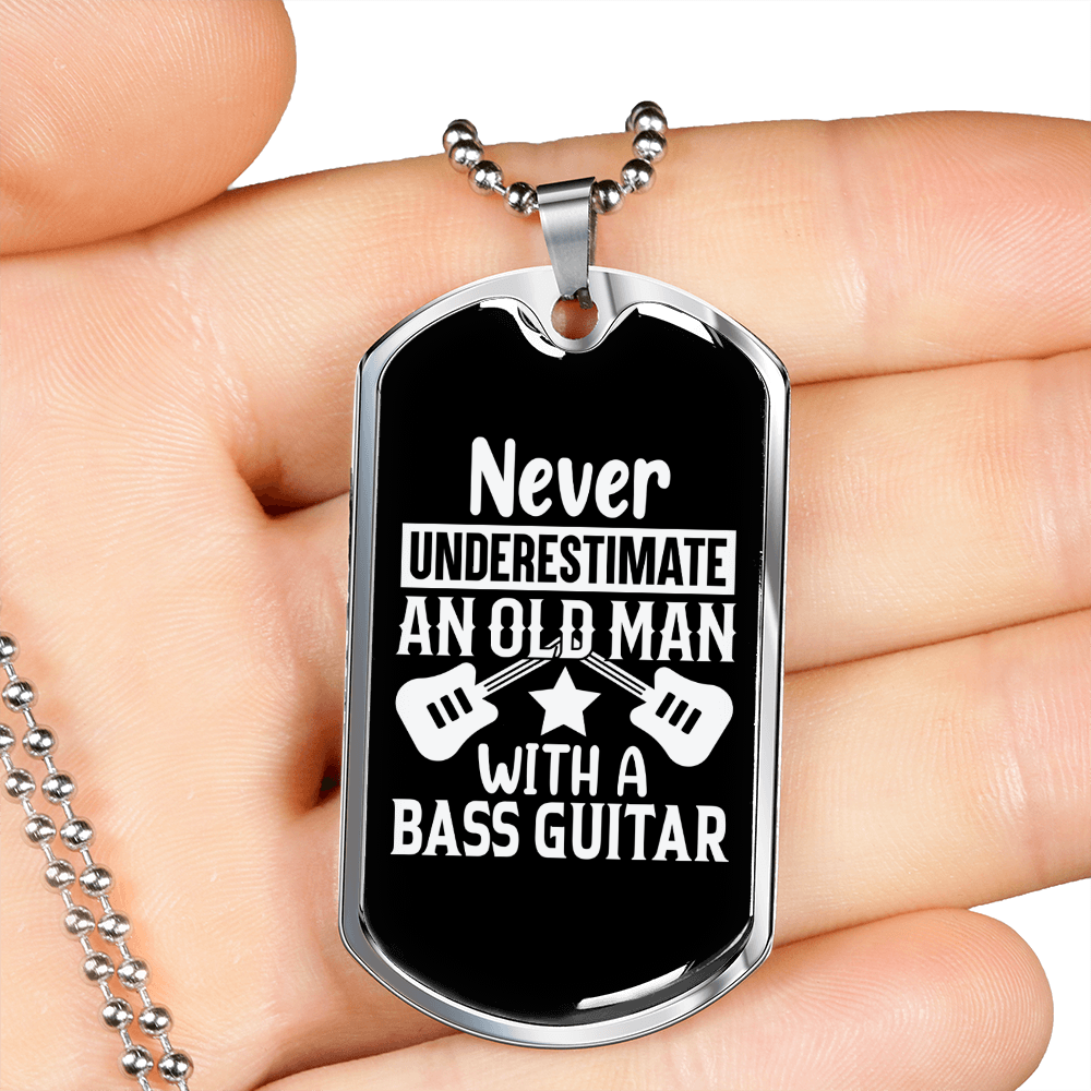 Musician Necklace Old Man With Base Guitar Necklace Stainless Steel or 18k Gold Dog Tag 24" Chain-Express Your Love Gifts