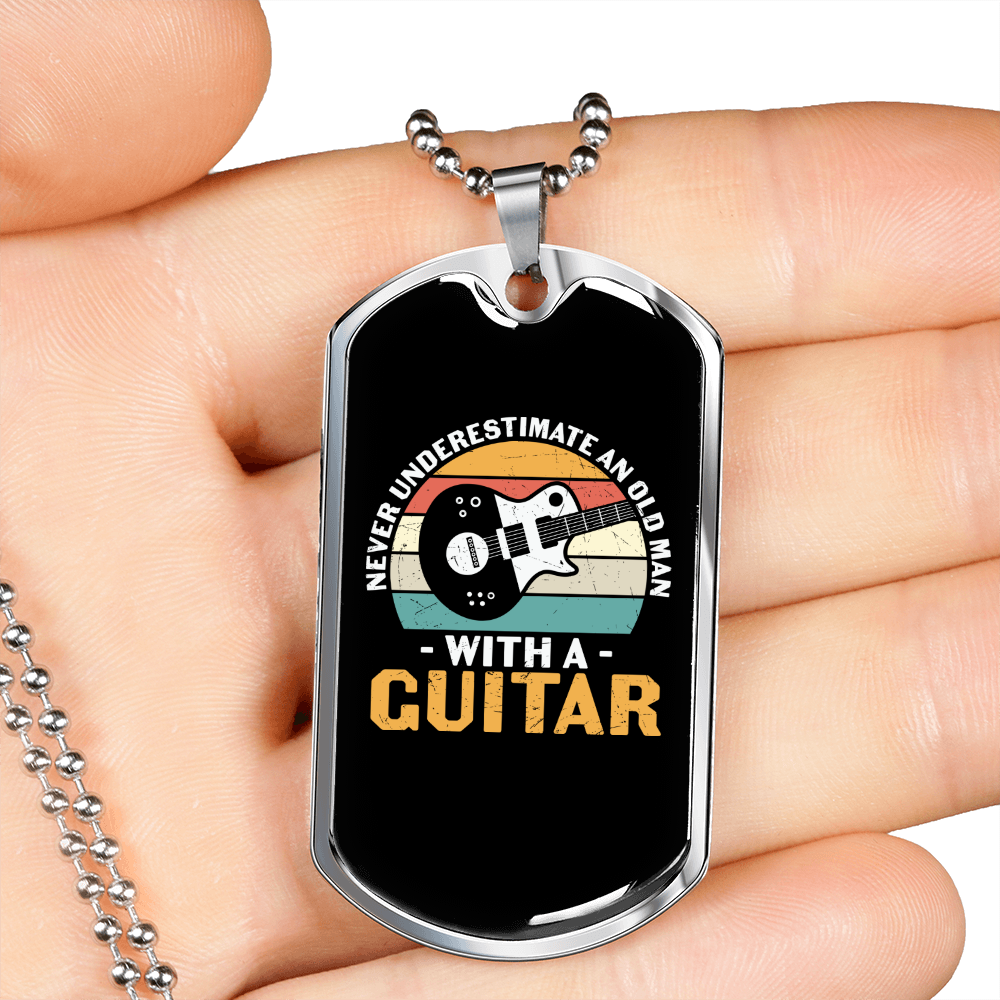 Musician Necklace Old Man With Guitar Necklace Stainless Steel or 18k Gold Dog Tag 24" Chain-Express Your Love Gifts