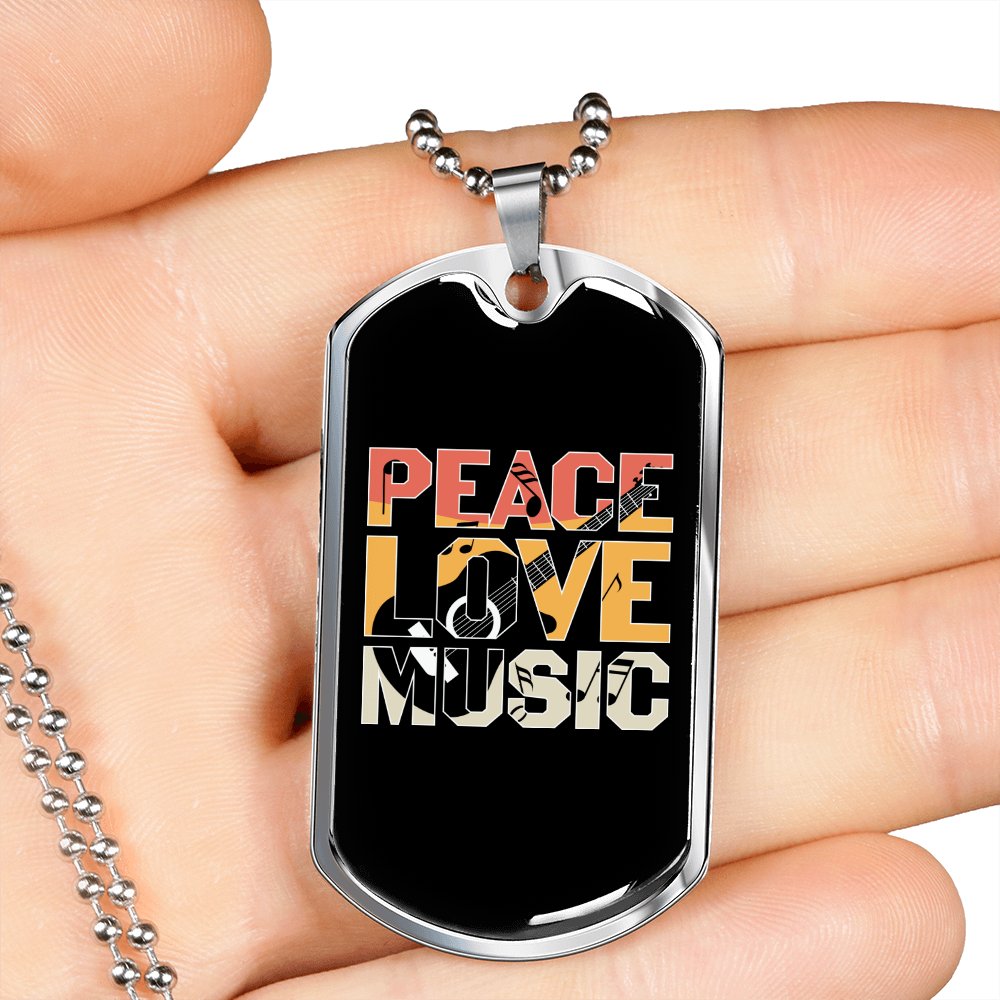 Musician Necklace Peace Love Music Necklace Stainless Steel or 18k Gold Dog Tag 24" Chain-Express Your Love Gifts